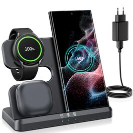 Seacosmo Бездротова зарядна станція 3-в-1, 18W для Samsung Galaxy Watch 8/7/Ultra/6/5/4/3/Pro, S24/23/22/21/Plus/Ultra та Buds