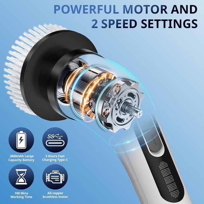 Електрична щітка для чищення, з акумулятором 3000mAh, 7 насадок, регульована ручка, IPX7 водонепроникність, 2 швидкості, для ванної кімнати, плитки, кремово-білий