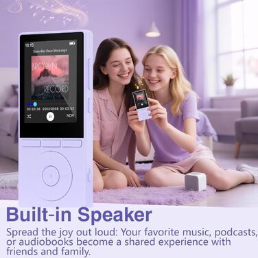 MP3 плеєр 64GB Bluetooth 5.3 з динаміком, записом голосу, E-book, HiFi звук, фіолетовий. Підтримка TF карти 128GB для спорту