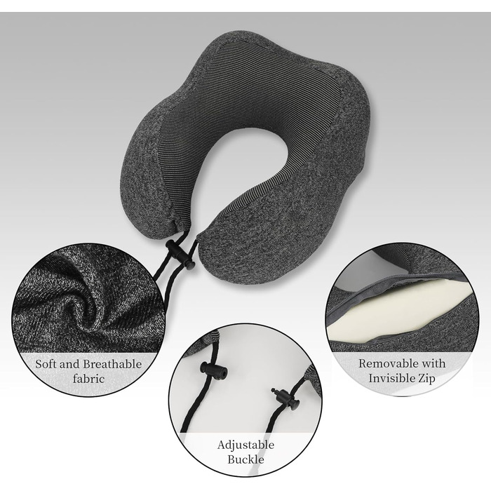 Подушка для шиї з Memory Foam, підтримка голови, набір для подорожей: маска для сну, навушники, чохол, м'яка подушка для сну в авто, літаку, офісі та вдома (Сірий)