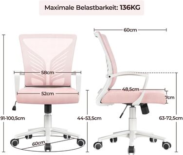 Крісло офісне Yaheetech ергономічне з регулюванням висоти, поворотне, з м'яким сидінням, для офісу/кабінету, світло-рожеве (2 шт)