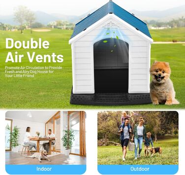 GYMAX Будка для собак на вулицю з похилим дахом та піднятим дном, пластикове собаче будиночок, вологостійка собача будка в стилі кантрі (Білий + Синій, 72,5 x 66 x 70,5 см)