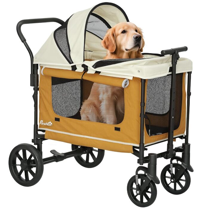 PawHut 2-в-1 візок для собак та котів, розкладний, до 30 кг, з подушкою, сітковими віконцями, 2 дверима, кишенькою для зберігання, коричневий
