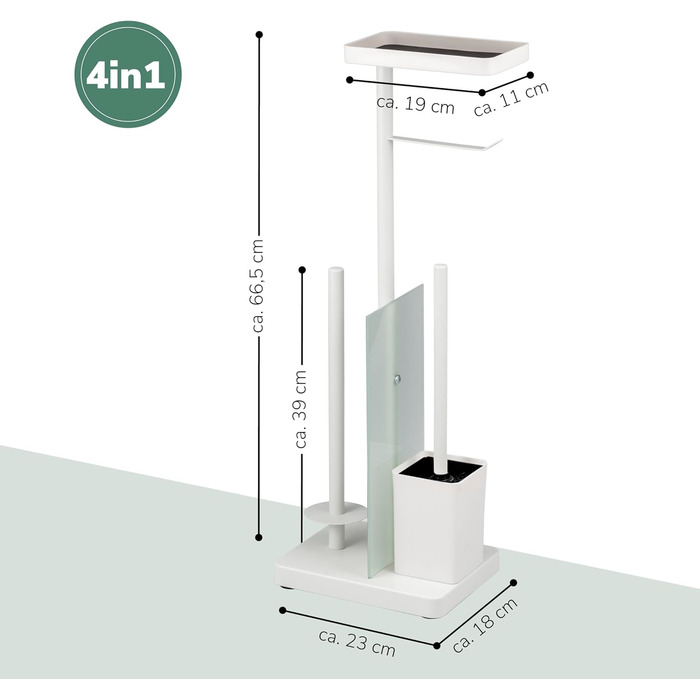 Набір для туалету Eluno Stand-WC 4 в 1: підставка, щітка, 2 змінні насадки, тримач для туалетного паперу на 3 рулони, полиця, скляна та металева поверхня (білий)