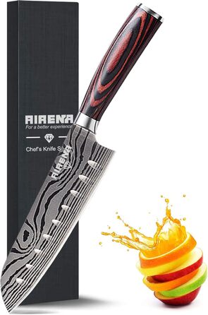 Японський ніж Santoku AIRENA, 7 дюймів (17.8 см), професійний кухонний ніж з високоякісної сталі D2, ергономічна ручка, для дому та кухні