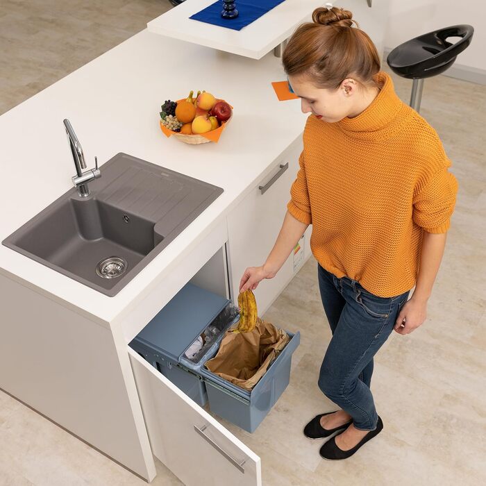 Вбудований відрізок для сміття Relaxdays, кухонний, висувний, для під навісну шафку, об'єм 15 л та 2x8 л, пластик, 35 x 34 x 48 см, сірий