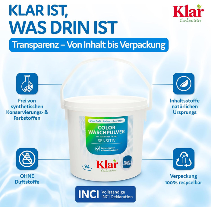 Пральний порошок Klar EcoSensitive Color SENSITIV для кольорових речей, гіпоалергенний, без ароматизаторів, 4.75 кг