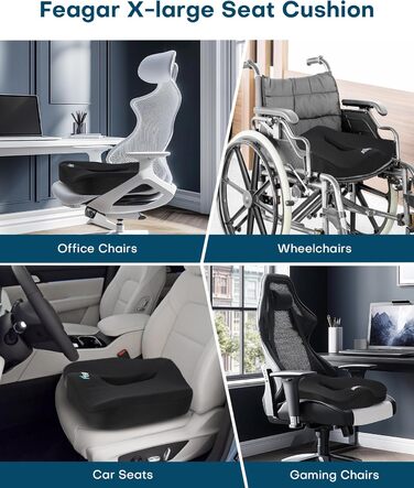 Ортопедична подушка для сидіння Feagar з Memory Foam, ергономічна подушка для офісного крісла, інвалідного візка, автокрісла, для хребта, чорна (чорний, XL (90-150 кг))