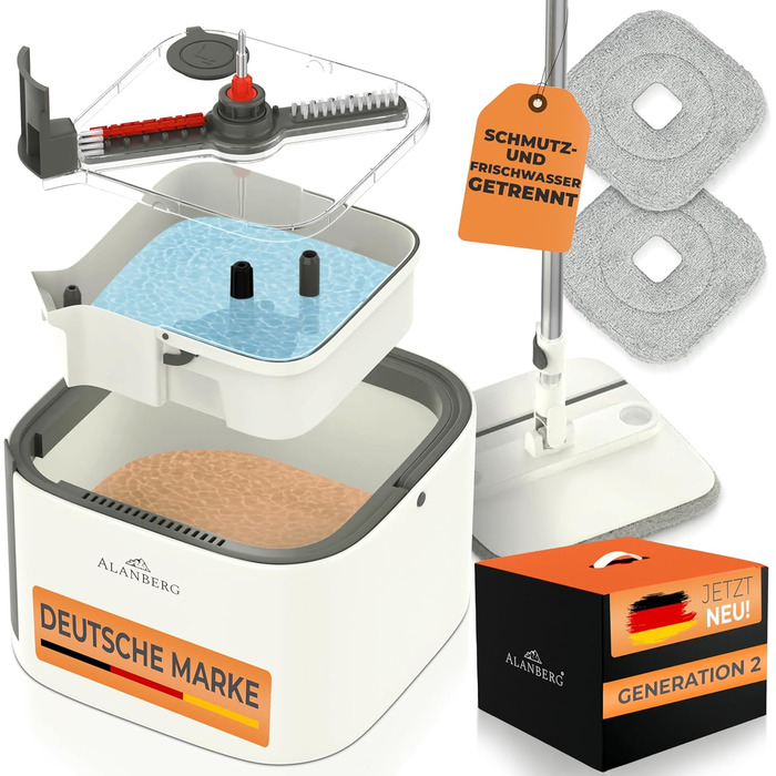 Набір для миття підлоги з відром ALANBERG® Gen2, білий: 360° самовіджимання, система з двома камерами, 2 мікрофібрових насадок