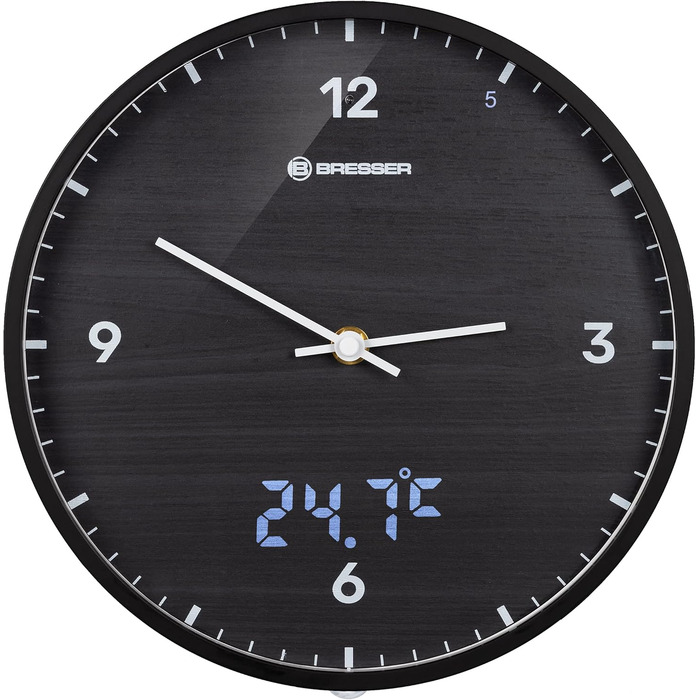 Bresser MyTime Radio-Controlled Wall Clock without Ticking Sounds, 24 cm Dial, LED Second Display, Indoor Temperature, and Silent Radio Clock Movement (Black)