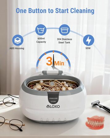 Ультразвукова мийка VLOXO 600мл, 42 кГц - для ювелірних виробів, інструментів, зубних протезів та годинників, бак з нержавіючої сталі, тиха робота, 50W