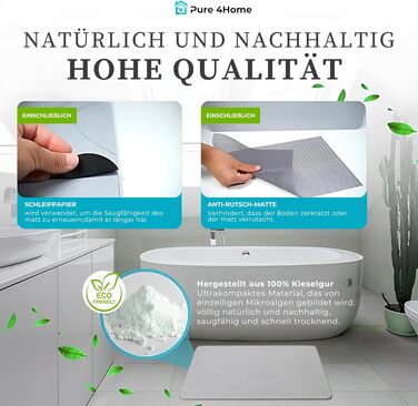 Діатомітовий килимок для ванної Pure 4Home Kieselgur, швидкосохнучий та антибактеріальний, протиковзкий, сірий, 45 x 35 см