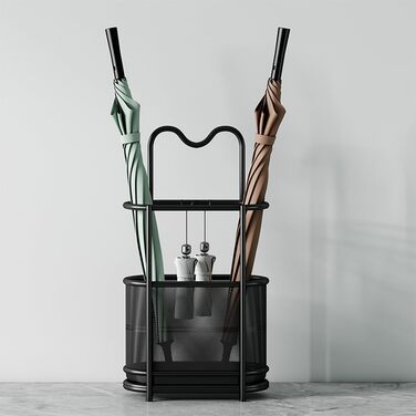 Металева підставка для парасоль та тростини SINBINTA, з гачками та піддоном, для прихожого/входу, чорна