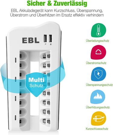 Зарядний пристрій EBL для акумуляторів AA/AAA NI-MH/NI-Cd та USB пристроїв, 8 слотів, LED дисплей, 2 USB порти (без акумуляторів)