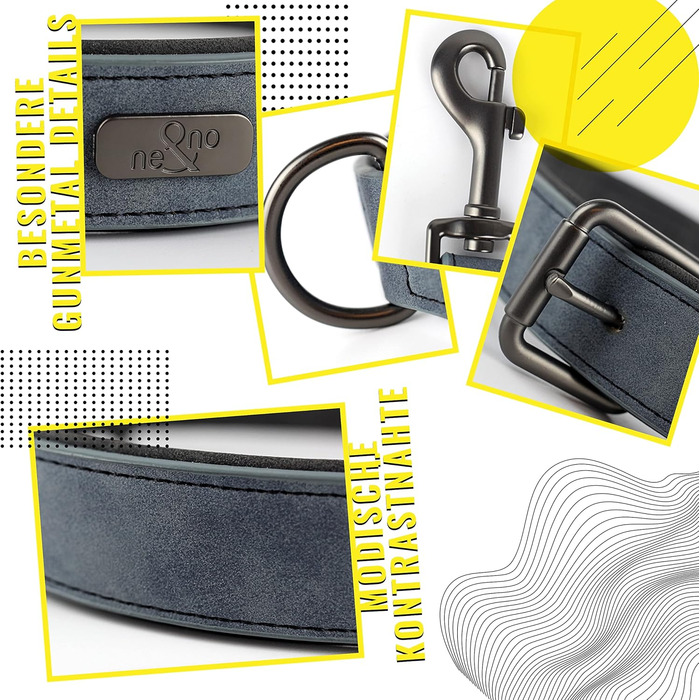 Набір повідка та нашийника ne&no® (веганська шкіра) для собак, 1.2м, блакитний/антрацит, регульований, з карабіном