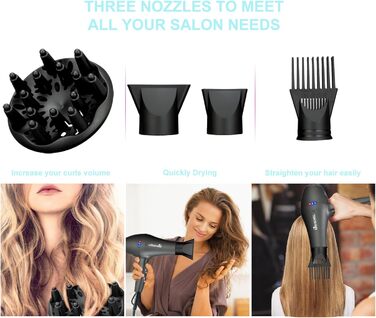 Фен Basuwell Ionen Pro 2100W: Професійний фен для салону краси з іонізацією, 3 режими нагріву, 2 швидкості, насадка-дифузор, AC-двигун, чорний