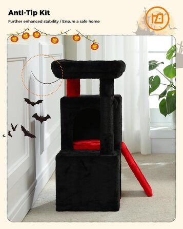 PETEPELA Scratching Post with Dual Condos for Apartment Cats, All-in-One Cat House with Padded Perch, Scratch Ramp & Post, and Replaceable Balls (Black, S 77cm)