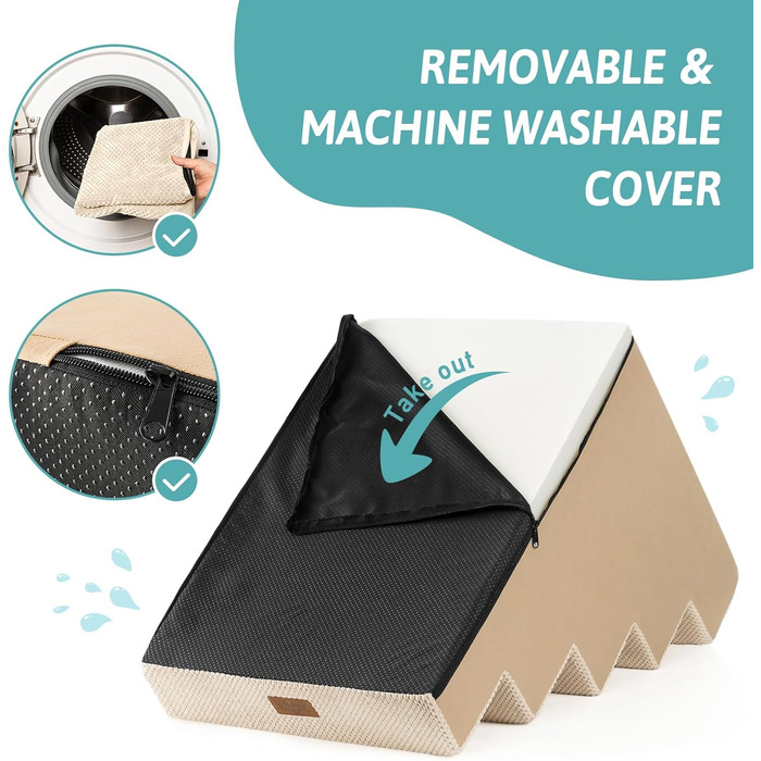 Сходинка для собак COZY KISS: 5 сходинок, 60 см, для малих собак, котів, зручна для ліжка, дивана, авто, щільний пінопласт, знімний чохол (Бежевий, 75x50x60cm)