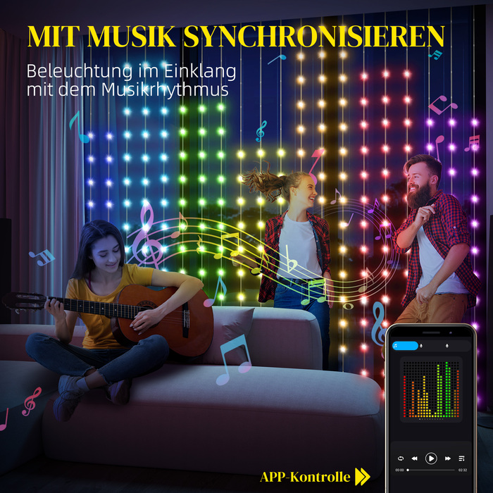HOMCOM 3x3m String Lights 400 LEDs Light Curtain with Adjustable Brightness, Music Synchronization, Scene Modes, Timer Function, Indoor/Outdoor Light Curtain String Lights, IP44, for Wedding, Party, Christmas | Aosom