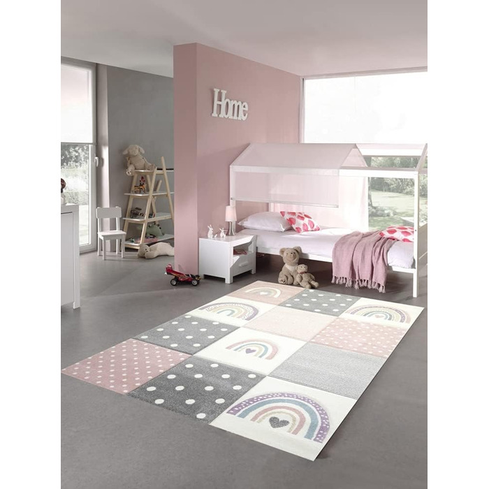 Carpet Dream Kids' Room Carpet Play Carpet Rainbow Dots Hearts Pink Gray Cream Size 140x200 cm 140x200 cm Pink Gray Cream