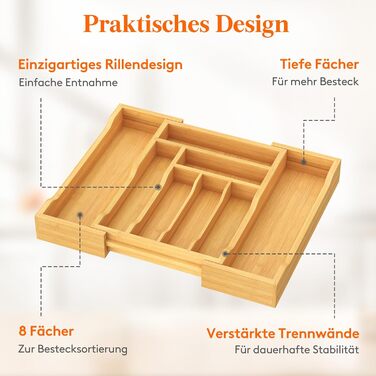 Органайзер для столових приборів Lifewit в шухляду, бамбуковий, 33x25-42x47 см, висувний лоток для ложок, виделок, ножів