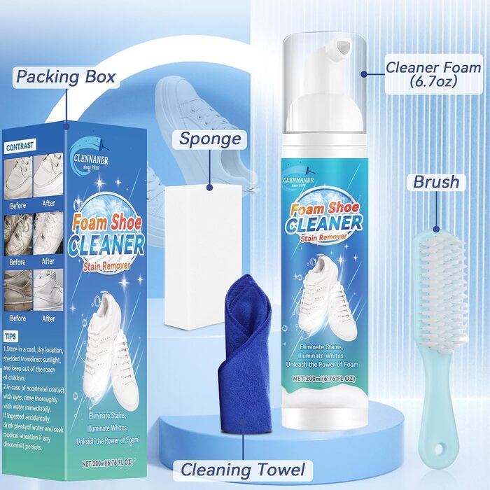 White Shoe Cleaner, 6.76 Oz Shoe Cleaner Kit with Brush and Towel, sneaker cleaner works on Leather, Knit, Canvas, Suede, PU