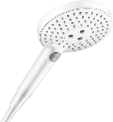 hansgrohe Raindance Select S - water-saving showerhead 9 l/min (EcoSmart), handheld shower with 3 spray patterns, round shower head (⌀ 120 mm), water-saving showerhead with anti-limescale function, (with PowderRain spray, Mattwhite, 3 spray patterns including PowderRain)
