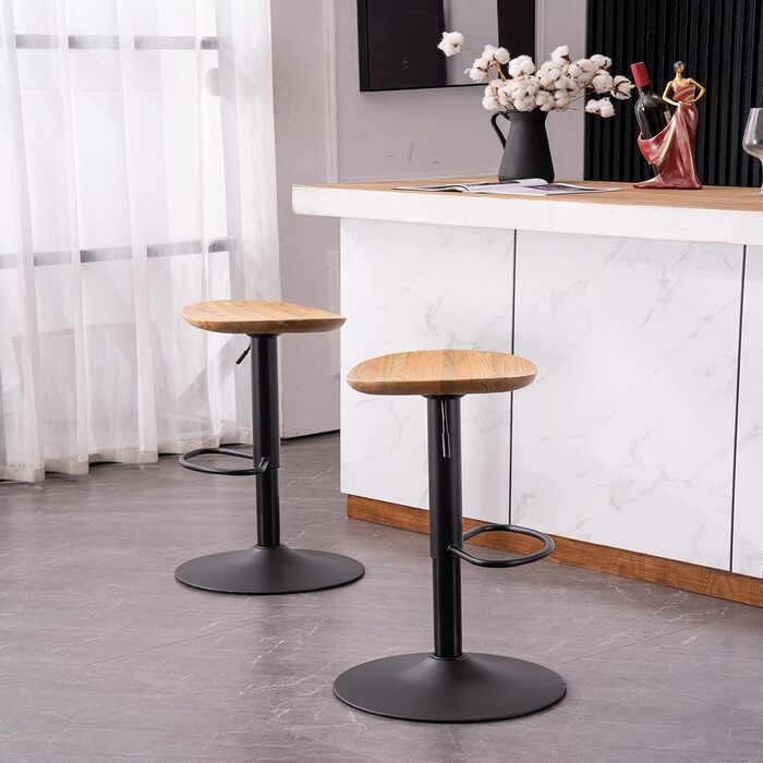 Kidol Adjustable Height Solid Wood Bar Stool with 360° Swivel - Industrial Modern Design for Kitchen Counter - Black
