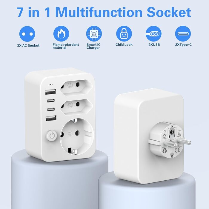 Мережевий адаптер з USB, 4 USB порти (2xA + C), 3.4A, LED, вимикач, компактний для дому та подорожей