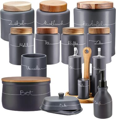 Набір контейнерів для зберігання KHG для кухні, антрацитово-сірий колір з дерев'яними кришками, кераміка, стеатоліт, з маркуванням, органайзер для кухні, без пластику, світлонепроникний, повний набір