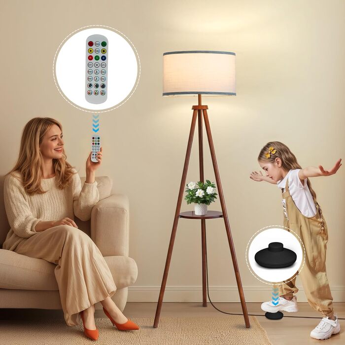 Стельова лампа з полицею, пульт дистанційного керування, 3 колірні температури, тринога, для вітальні, спальні, офісу (горіх), бежевий абажур