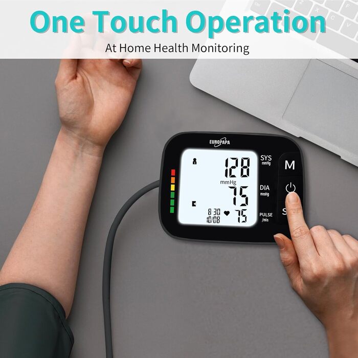 Тонометр EUROPAPA на плече для дому, вимірювання пульсу та артеріального тиску, велика манжета (22-42 см), 2 * 60 пам'ять, для 2 користувачів (чорний)