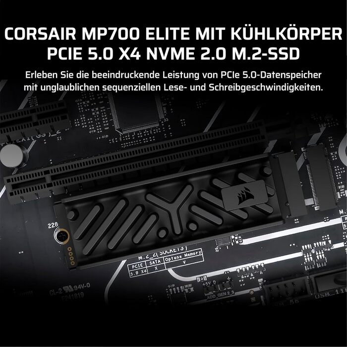 SSD Corsair MP700 Elite 2TB PCIe 5.0 NVMe M.2 – Швидкість до 10000 МБ/с – 3D TLC NAND, DirectStorage, з радіатором – Чорний