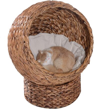 PawHut Rattan Cat Basket Cat Cave Cat House Cat Bed with Cushion Pet Bed Water Hyacinth Brown 50 x 42 x 60 cm