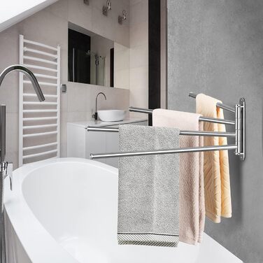 Тримач для рушників у ванну кімнату з 3-ма перекладинами, поворотний, з 3-ма кріпленнями, 40 см, нержавіюча сталь, монтаж на стіну, срібний (тримач для рушників з 4-ма кріпленнями)