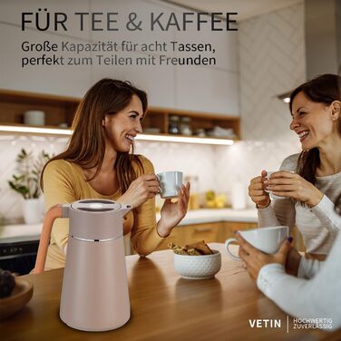 VETIN 1.5L Thermos Flask 304 Stainless Steel Double-Walled Vacuum Insulation, Coffee Pot Thermo with Wood-Look Handle, Insulated Carafe 10h Heat / 16h Cold (Khaki)