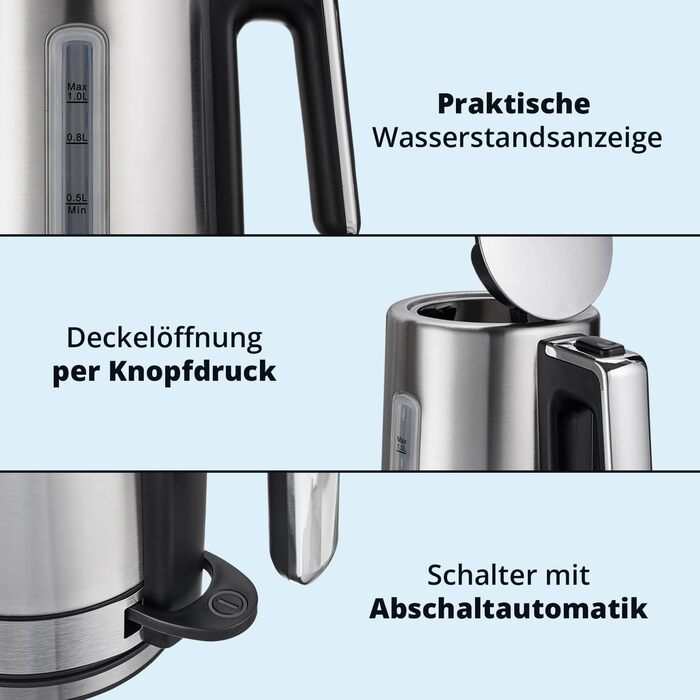 Набір для сніданку KHG: чайник та тостер, нержавіюча сталь, сріблястий, об'єм 1 л, 2 слоти, точний вилив, поворотний на 360°, 6 рівнів підсмажування, функції підігріву, розморожування та для багелів, з підспівачем для крихт