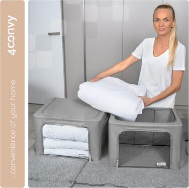 Sturdy Foldable Clothes Storage Box with Zipper, Metal Frame - [2024 IMPROVED MATERIAL] Duvet Storage Bag - Stable Storage Box for Clothes - (Dark Gray, 3x66L)