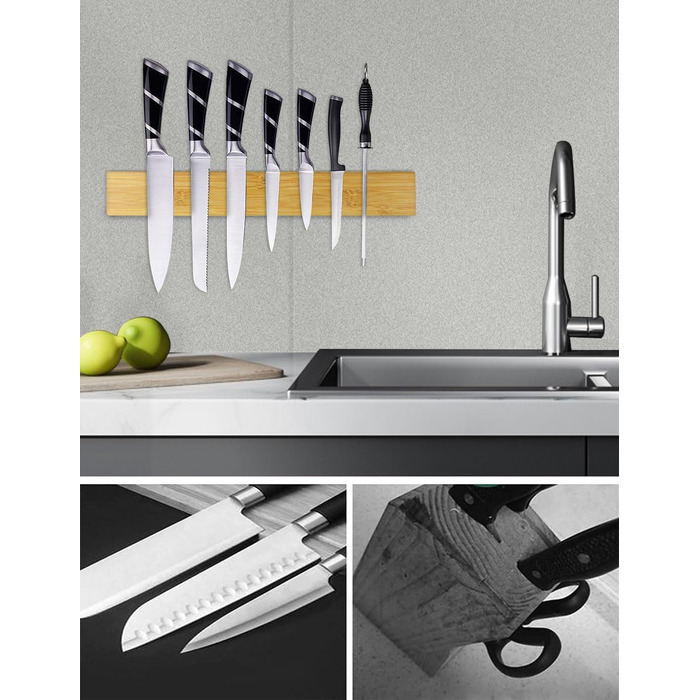 [50cm Pro] Magnetic Knife Strip, Trhillsbrad 50cm Magnetic Knife Holder Wood Knife Rail Self-Adhesive, Silver Wall Mount Magnetic Strip No Drilling Knife Holder