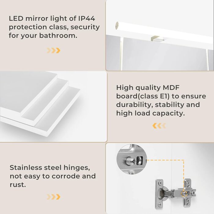 Шафа-дзеркало для ванної кімнати DICTAC з LED-підсвічуванням, розеткою та вимикачем світла (80x16x60 см), 3 дверцята, білий колір