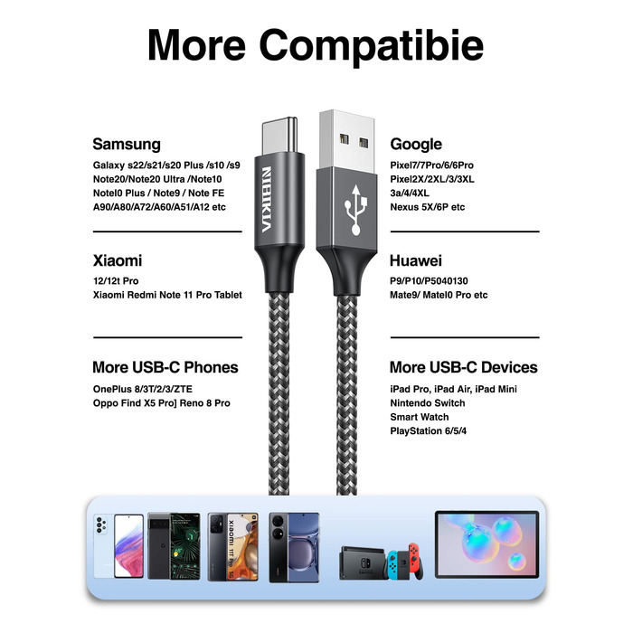 Кабель USB-C 2 шт. (2M+2M, сірий) для Samsung Galaxy: швидка зарядка 3.1A, Nylon, USB-A на USB-C