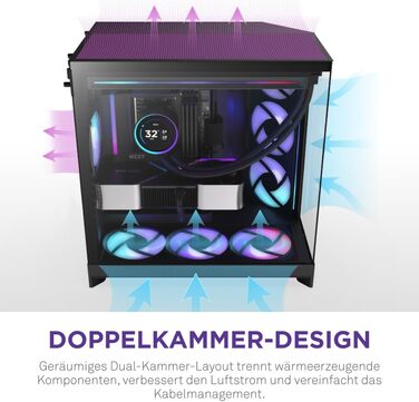 NZXT H9 Flow 2025 – великий корпус для ПК Mid-Tower з двома камерами, чорного кольору. Підтримка 3 x 140мм та 1 x 120мм вентиляторів, радіатор до 420мм, загартоване скло, готова підключення ззаду.