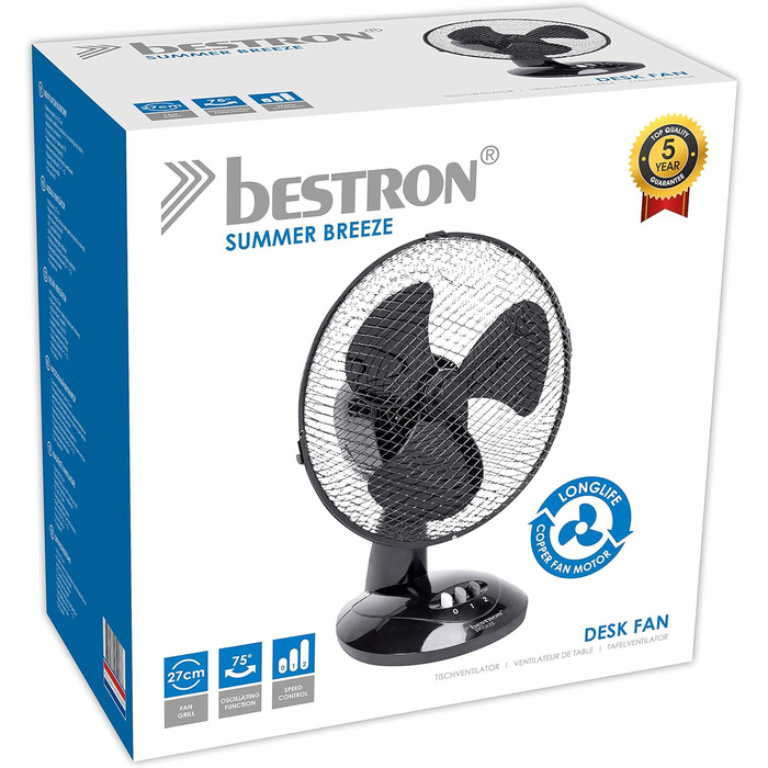 Вентилятор настільний Bestron DDF27Z Ø27 см, чорний: 2 швидкості, поворот 75°, 30 Вт