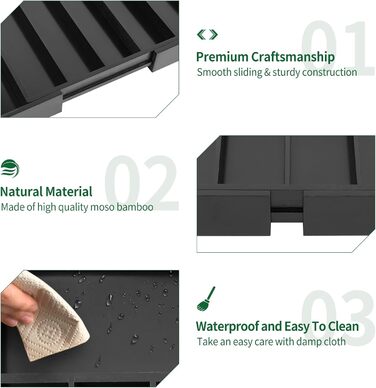 Органайзер для столових приладів Utoplike з бамбука, розширюваний, для кухні та офісу, чорний (5-7 секцій)