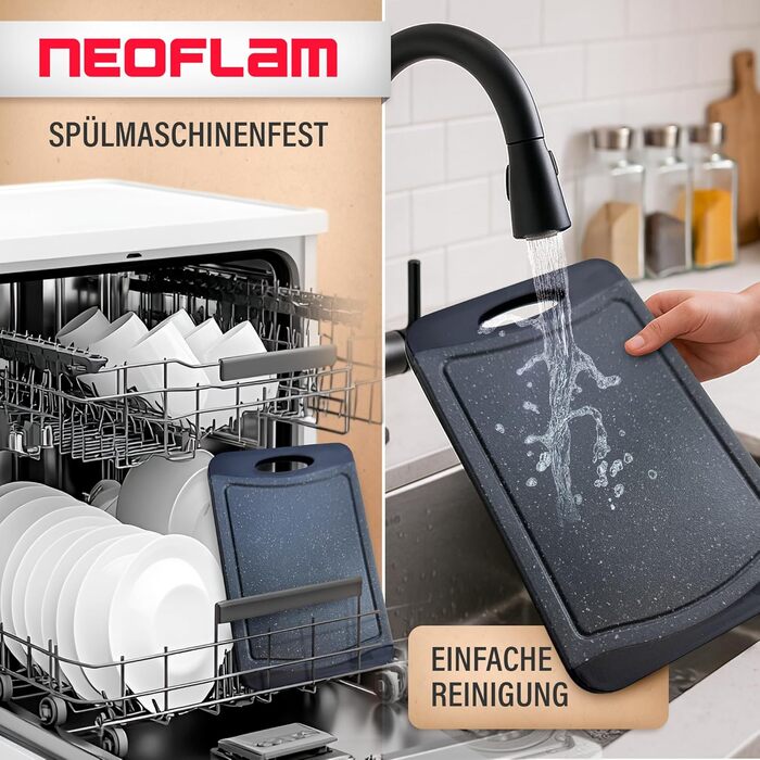 Набір дощок для сніданку NEOFLAM® 25x14 см, 4 шт. - Дошки для нарізання з пластику, BPA-free, антибактеріальні, з жолобком для соку, чорний мармур, стійкі до миття в посудомийній машині