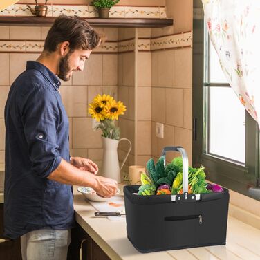 Складаний кошик для покупок 25L з міцними ручками та кишенею на блискавці, чорний