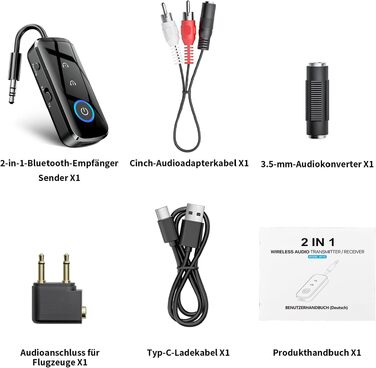 Bluetooth адаптер-ресивер 2-в-1 SONRU (передавач та приймач) з роз'ємом 3.5 мм Jack, для літака та автомобіля, чорний