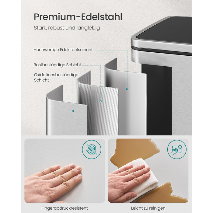 Відро для сміття SONGMICS 50 л, нержавіюча сталь, знімний внутрішній відро, Softclose, срібний колір