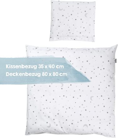 Комплект постільної білизни для дитячого ліжечка Roba 100 x 135 см - комплект для дівчаток та хлопчиків - ковдра та наволочка з бавовни для малюків та дітей - зірковий принт - білий (Сірий Зоряний Чарівник, 80x80 / 40x35 см)