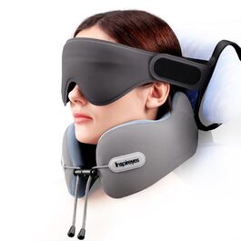 Подушка для шиї у літак: з ременем безпеки, 3D маскою для сну та підтримкою голови. Високоякісний пінополіуретан, сірого кольору.